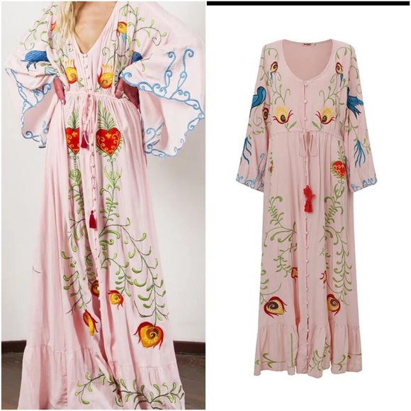 Boho Embroidered Hearts Floral Birds Long Maxi Kimono Dress - Picture 14 of 16